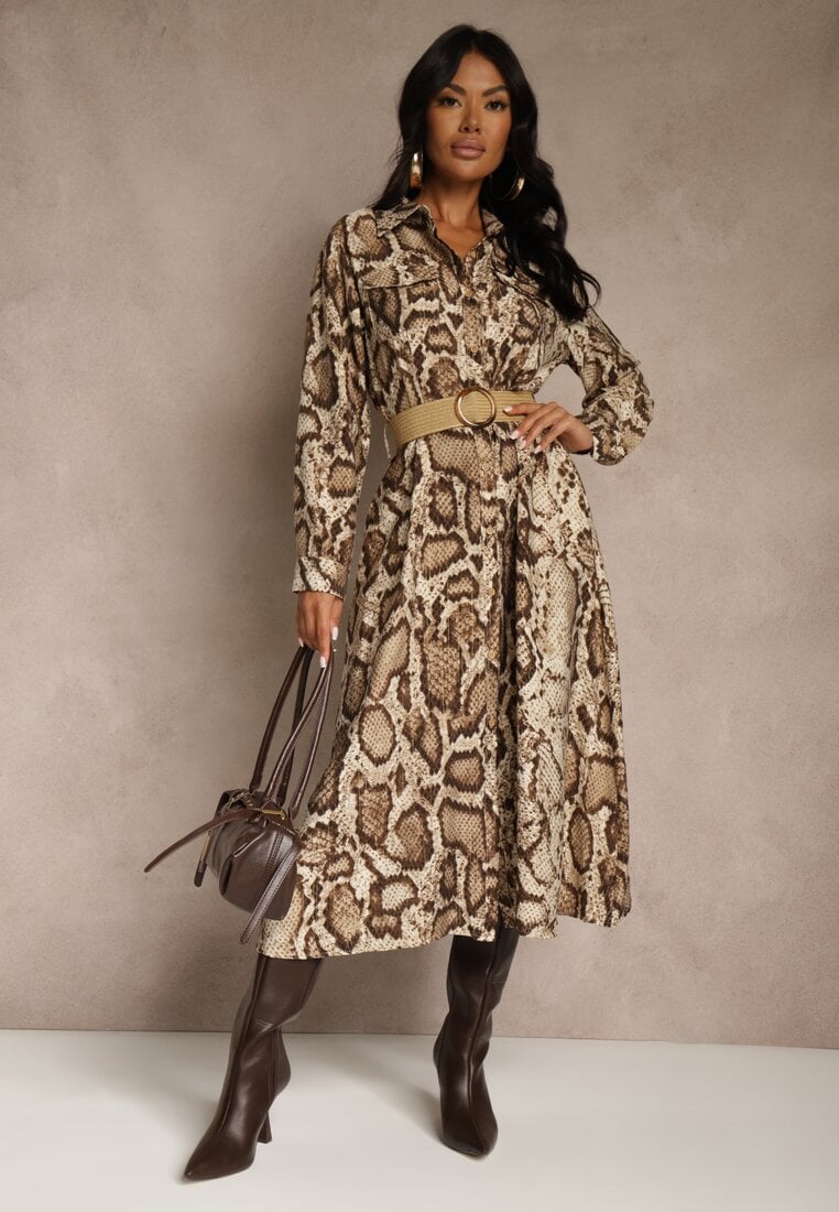 Brązowa Koszulowa Sukienka Snake Print z Wiskozą i Paskiem Bririn