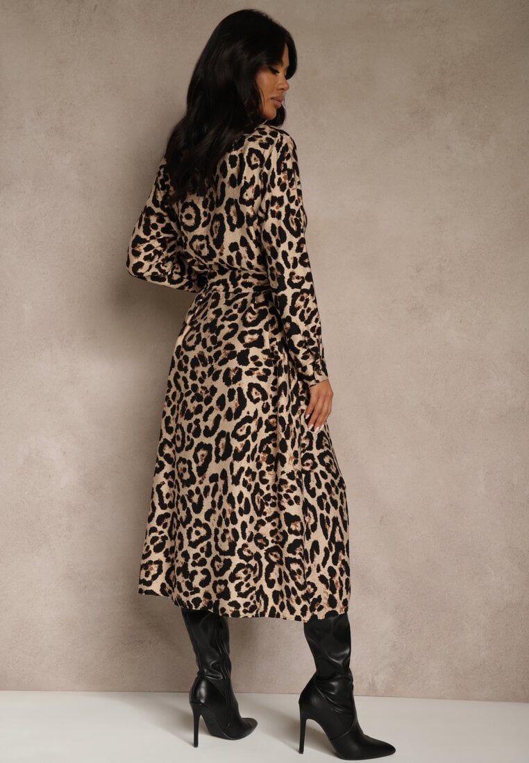 Panterkowa Panterkowa Sukienka z Wiskozą o Koszulowym Kroju z Wiązaniem Saros