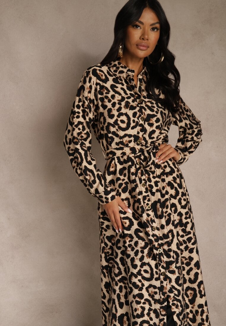 Panterkowa Panterkowa Sukienka z Wiskozą o Koszulowym Kroju z Wiązaniem Saros