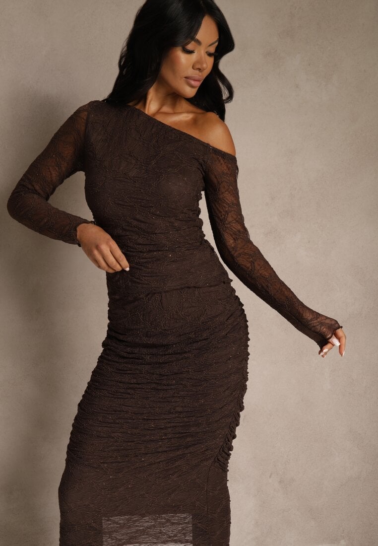 Brązowy Komplet z Koronki Ołówkowa Spódnica i Longsleeve Off Shoulder Nerinaera