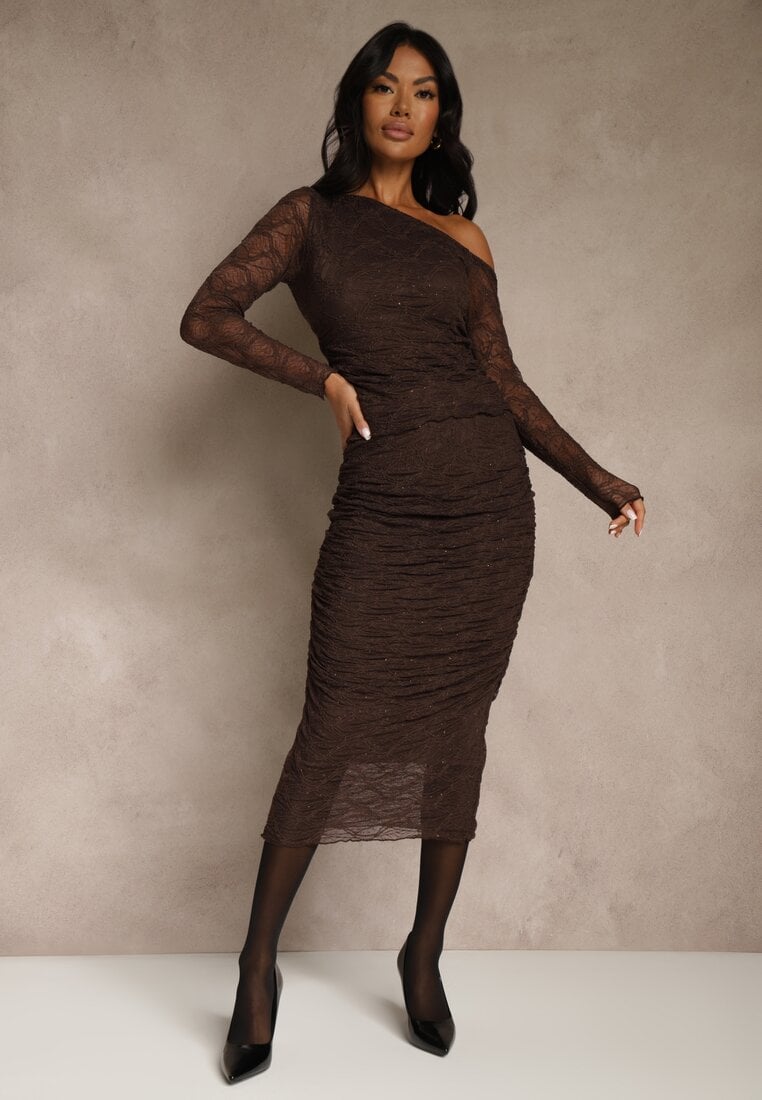 Brązowy Komplet z Koronki Ołówkowa Spódnica i Longsleeve Off Shoulder Nerinaera