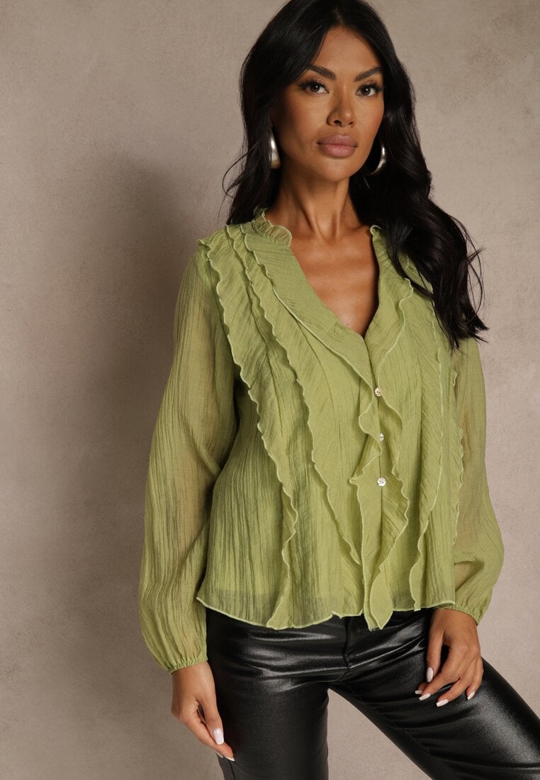 Ciemnobeżowa Koszulowa Bluzka z Dekoltem V i Falbankami Calomia