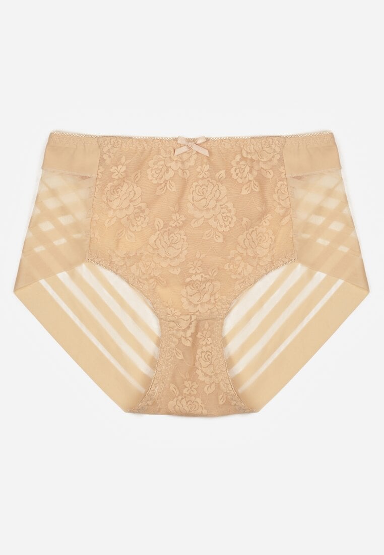 Beżowe Siateczkowe Majtki Figi High Waist z Koronkowymi Zdobieniami Heylih
