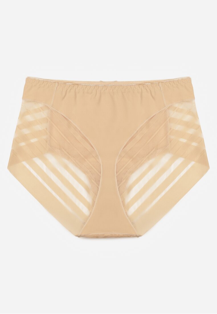 Beżowe Siateczkowe Majtki Figi High Waist z Koronkowymi Zdobieniami Heylih