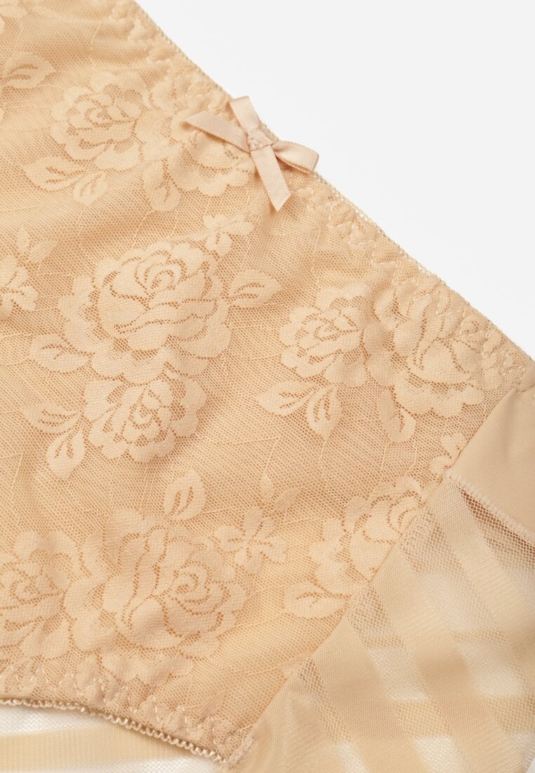 Beżowe Siateczkowe Majtki Figi High Waist z Koronkowymi Zdobieniami Heylih