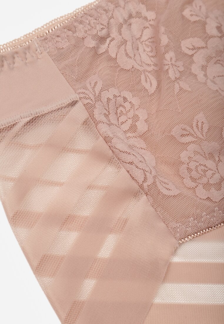 Różowe Siateczkowe Majtki Figi High Waist z Koronkowymi Zdobieniami Heylih