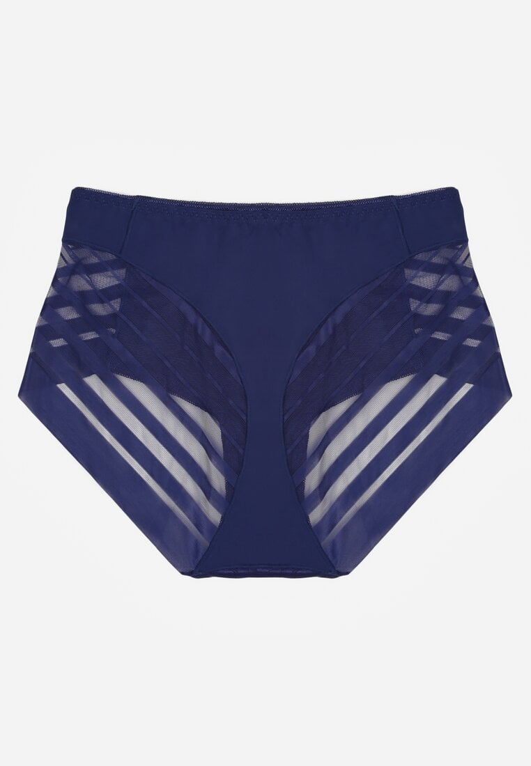 Granatowe Siateczkowe Majtki Figi High Waist z Koronkowymi Zdobieniami Heylih