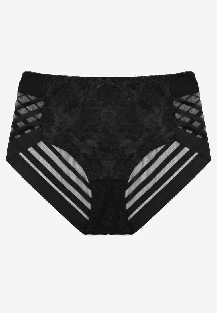 Czarne Siateczkowe Majtki Figi High Waist z Koronkowymi Zdobieniami Heylih