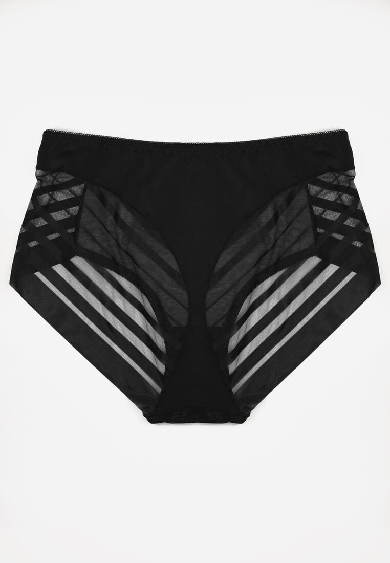 Czarne Siateczkowe Majtki Figi High Waist z Koronkowymi Zdobieniami Heylih