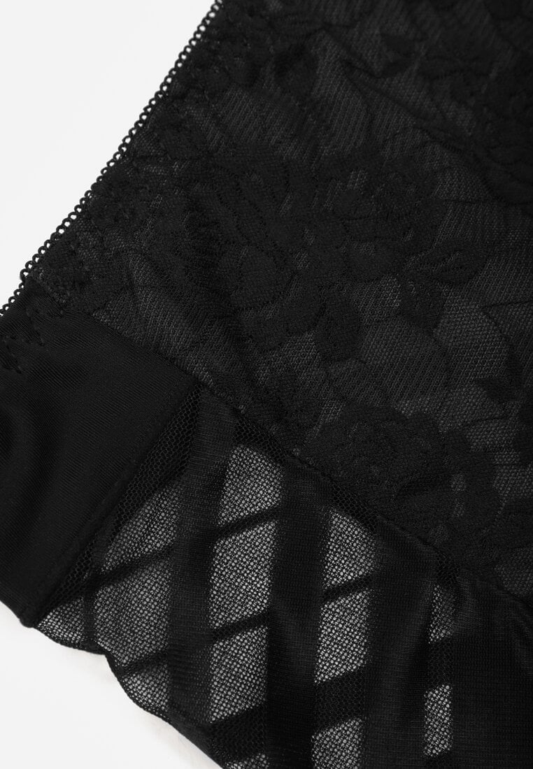Czarne Siateczkowe Majtki Figi High Waist z Koronkowymi Zdobieniami Heylih
