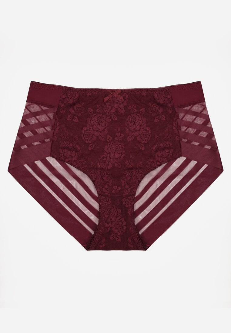Bordowe Siateczkowe Majtki Figi High Waist z Koronkowymi Zdobieniami Heylih
