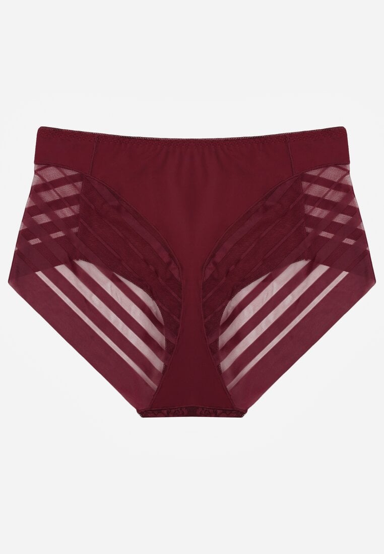 Bordowe Siateczkowe Majtki Figi High Waist z Koronkowymi Zdobieniami Heylih