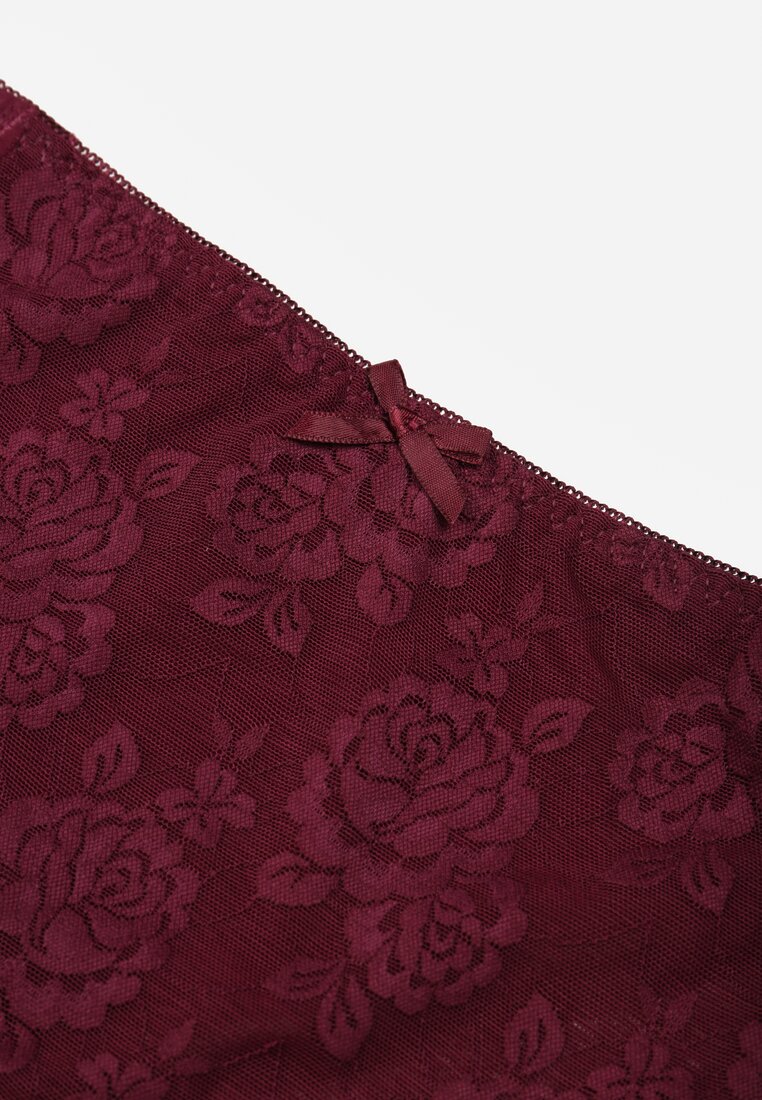 Bordowe Siateczkowe Majtki Figi High Waist z Koronkowymi Zdobieniami Heylih