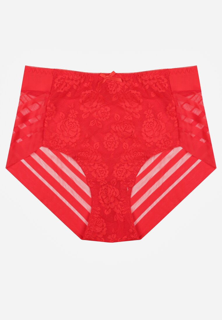 Czerwone Siateczkowe Majtki Figi High Waist z Koronkowymi Zdobieniami Heylih