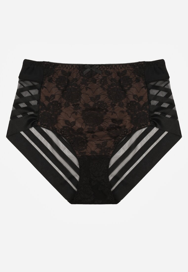 Czarno-Beżowe Siateczkowe Majtki Figi High Waist z Koronkowymi Zdobieniami Heylih