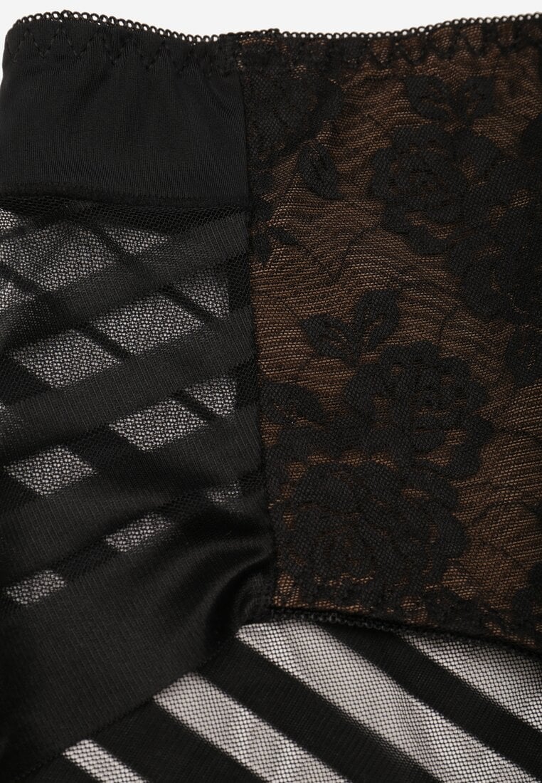 Czarno-Beżowe Siateczkowe Majtki Figi High Waist z Koronkowymi Zdobieniami Heylih