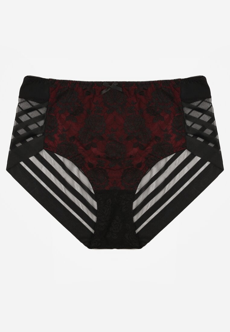 Czarno-Czerwone Siateczkowe Majtki Figi High Waist z Koronkowymi Zdobieniami Heylih