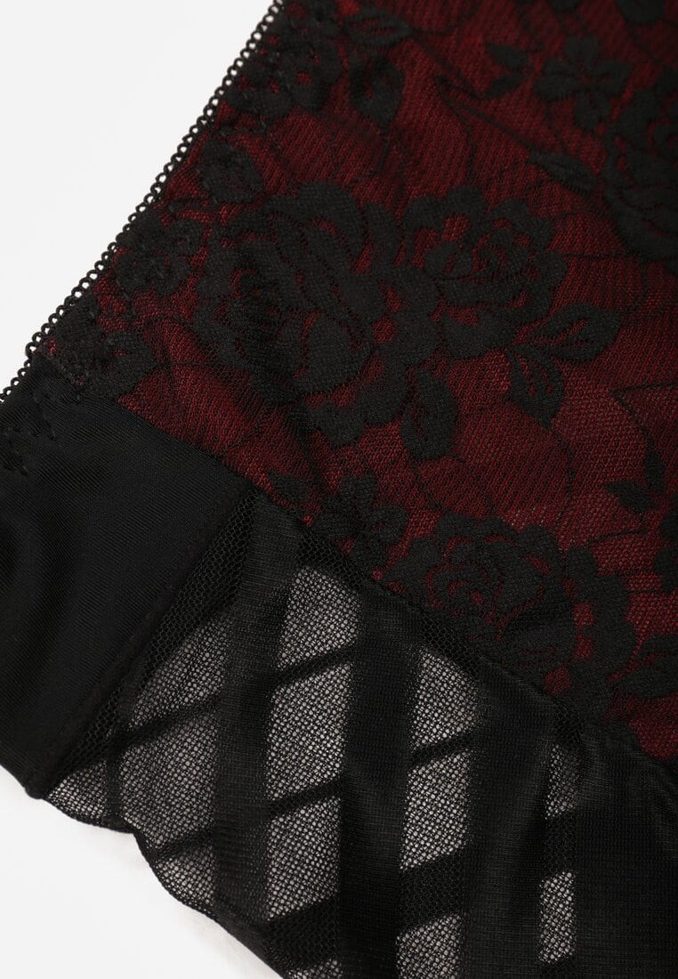 Czarno-Czerwone Siateczkowe Majtki Figi High Waist z Koronkowymi Zdobieniami Heylih