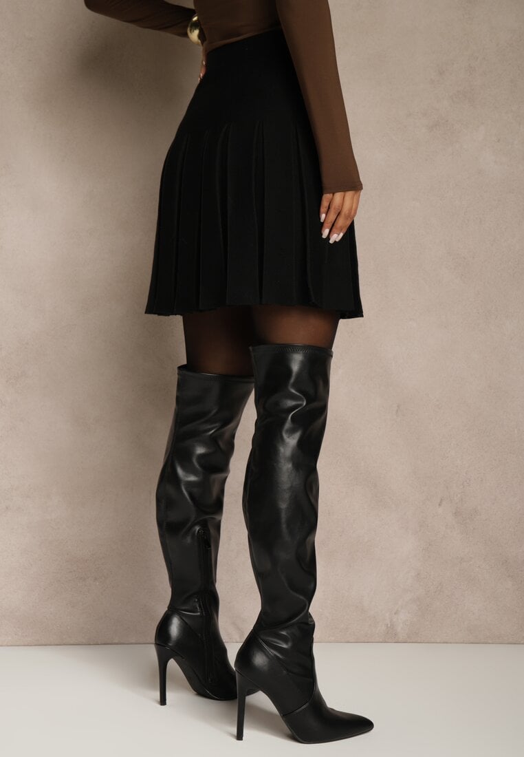 Czarna Spódnica High Waist z Wiskozą Zdobiona Plisami Coroxera