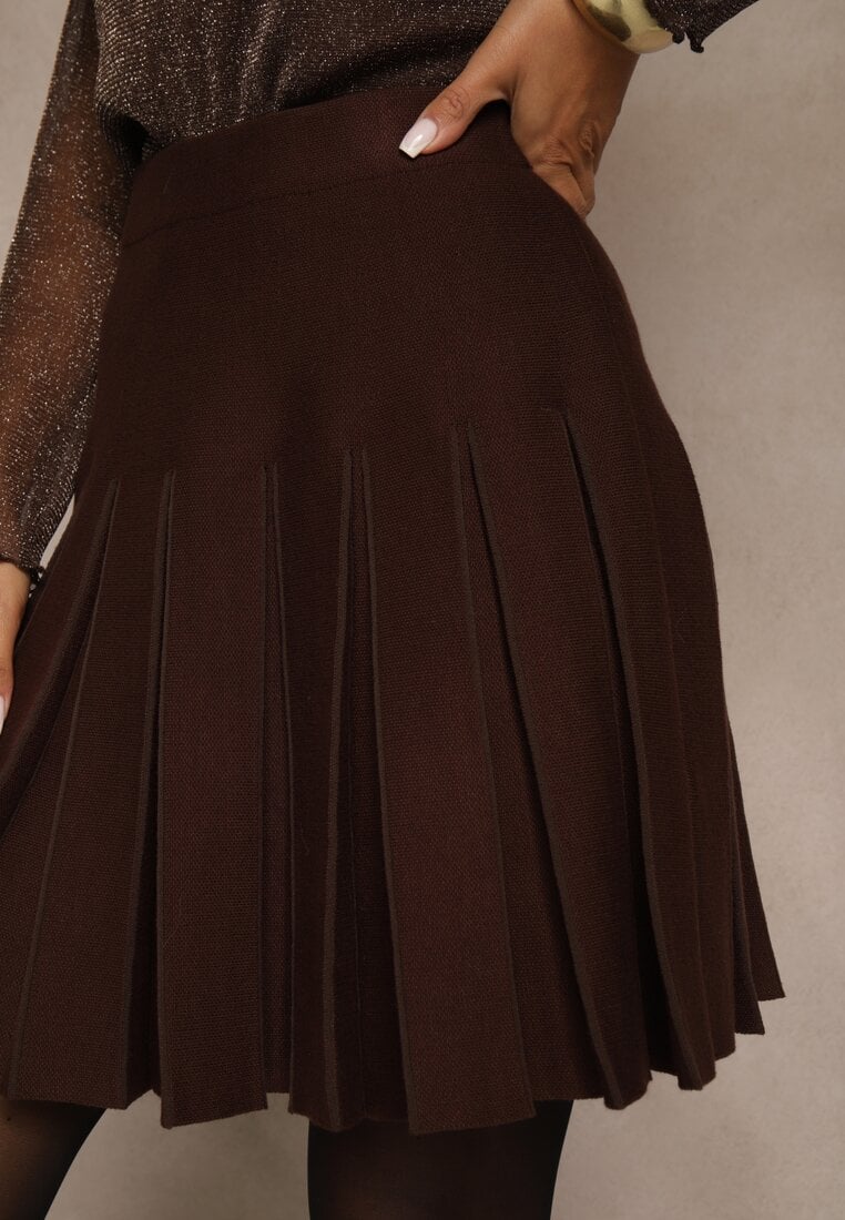 Brązowa Spódnica High Waist z Wiskozą Zdobiona Plisami Coroxera