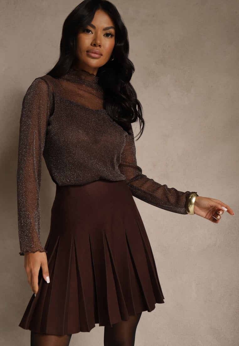 Brązowa Spódnica High Waist z Wiskozą Zdobiona Plisami Coroxera