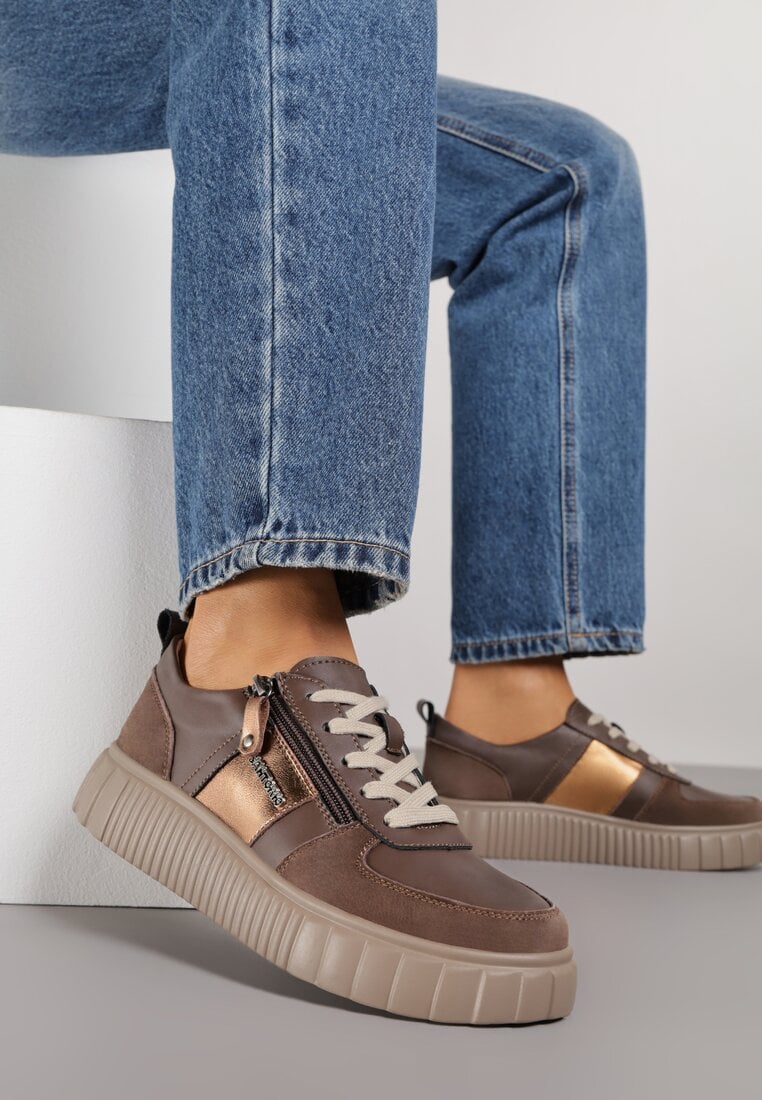 Brązowe Sneakersy ze Skóry Naturalnej z Metalicznym Zdobieniem Zorentee