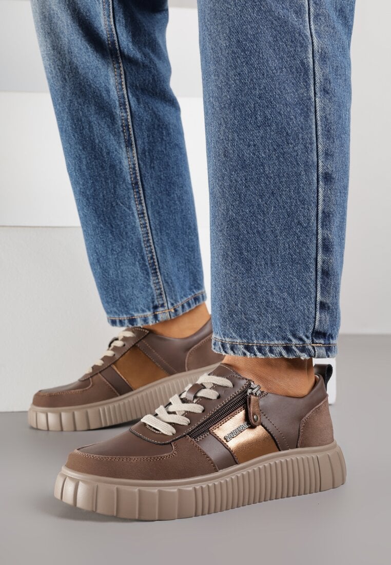 Brązowe Sneakersy ze Skóry Naturalnej z Metalicznym Zdobieniem Zorentee