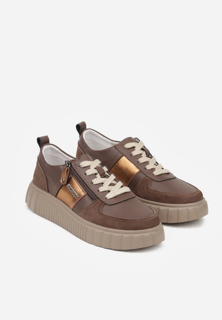 Brązowe Sneakersy ze Skóry Naturalnej z Metalicznym Zdobieniem Zorentee