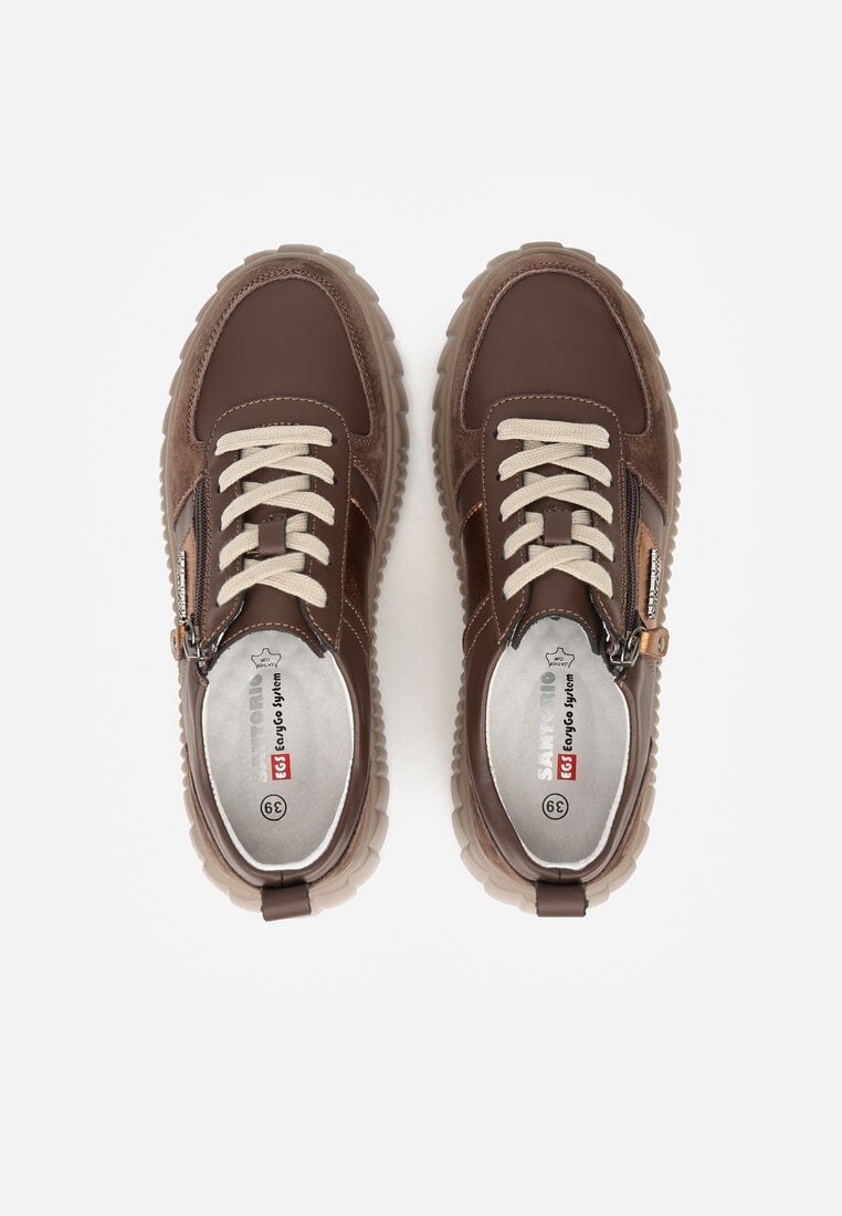 Brązowe Sneakersy ze Skóry Naturalnej z Metalicznym Zdobieniem Zorentee
