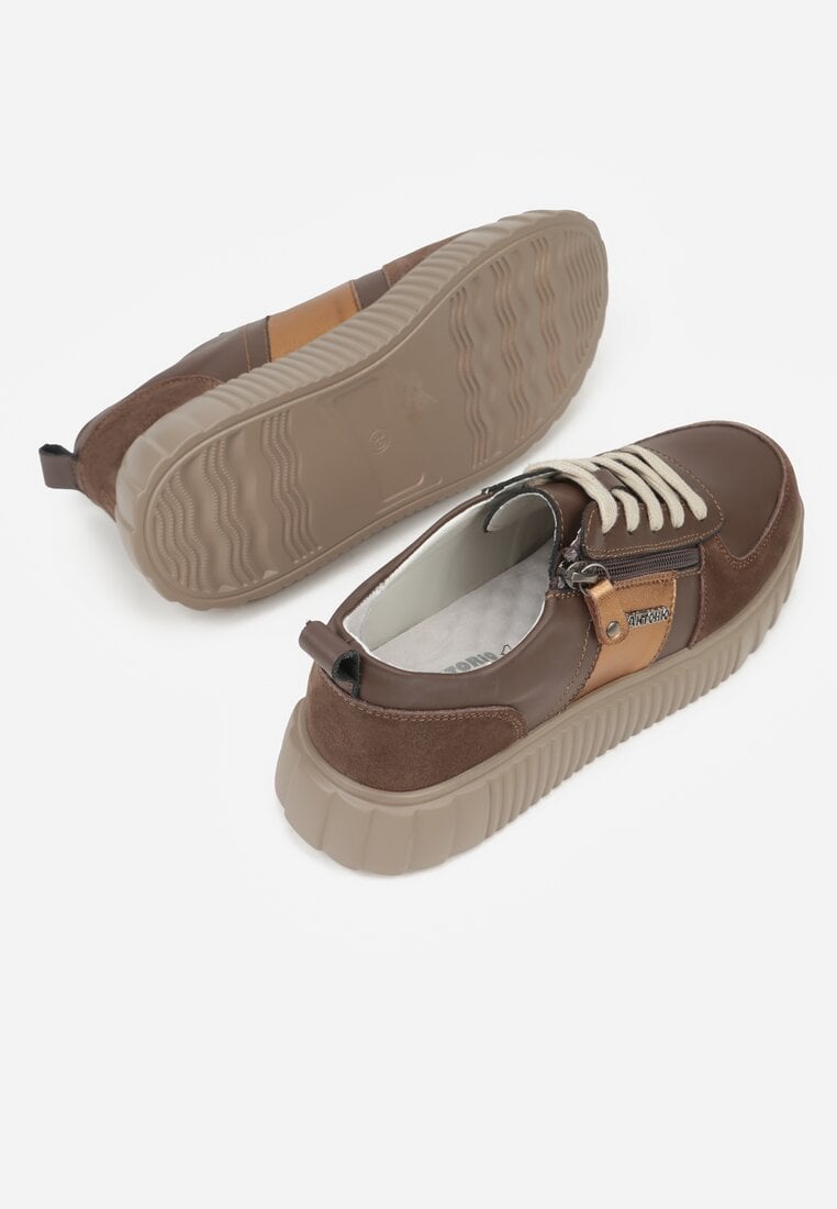 Brązowe Sneakersy ze Skóry Naturalnej z Metalicznym Zdobieniem Zorentee