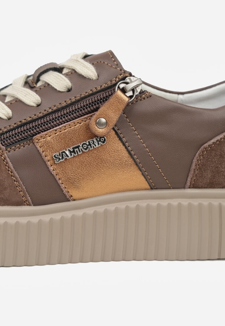 Brązowe Sneakersy ze Skóry Naturalnej z Metalicznym Zdobieniem Zorentee