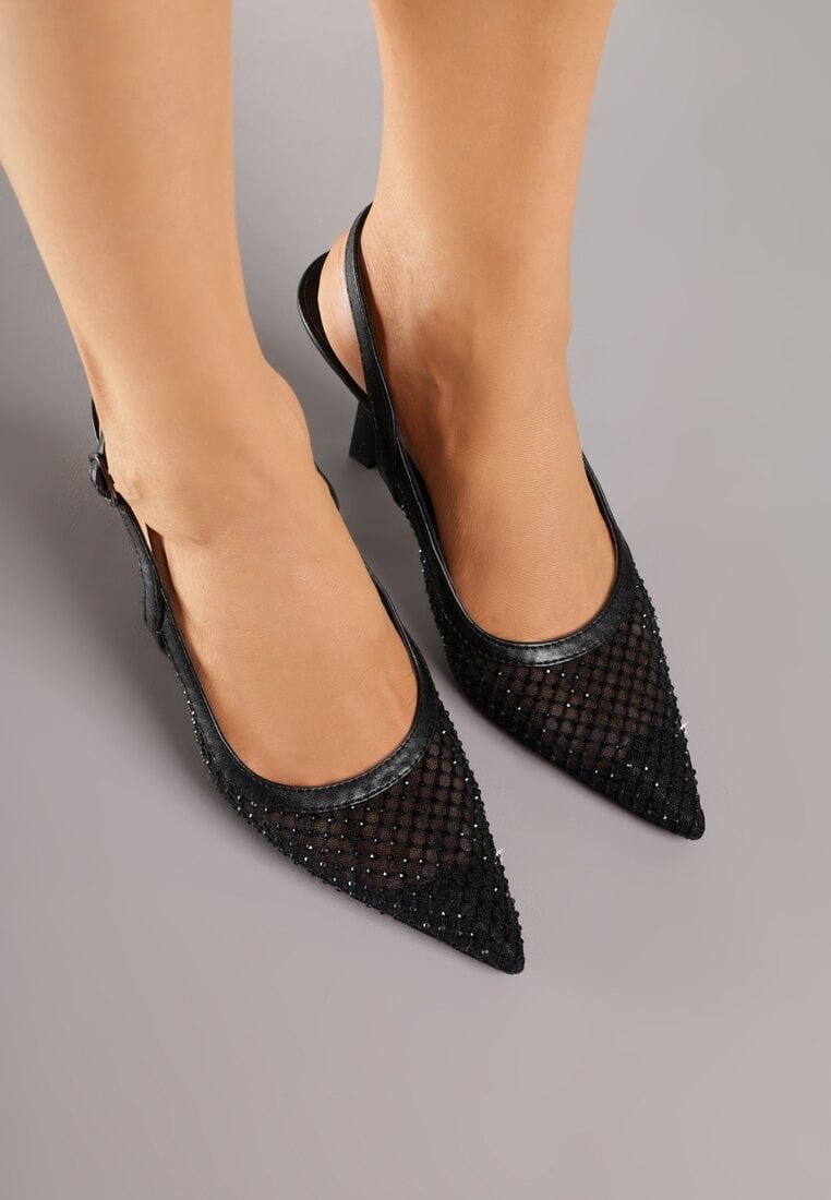 Czarne Siateczkowe Sandały na Szpilce Slingback z Cyrkoniami Nemenlaeno