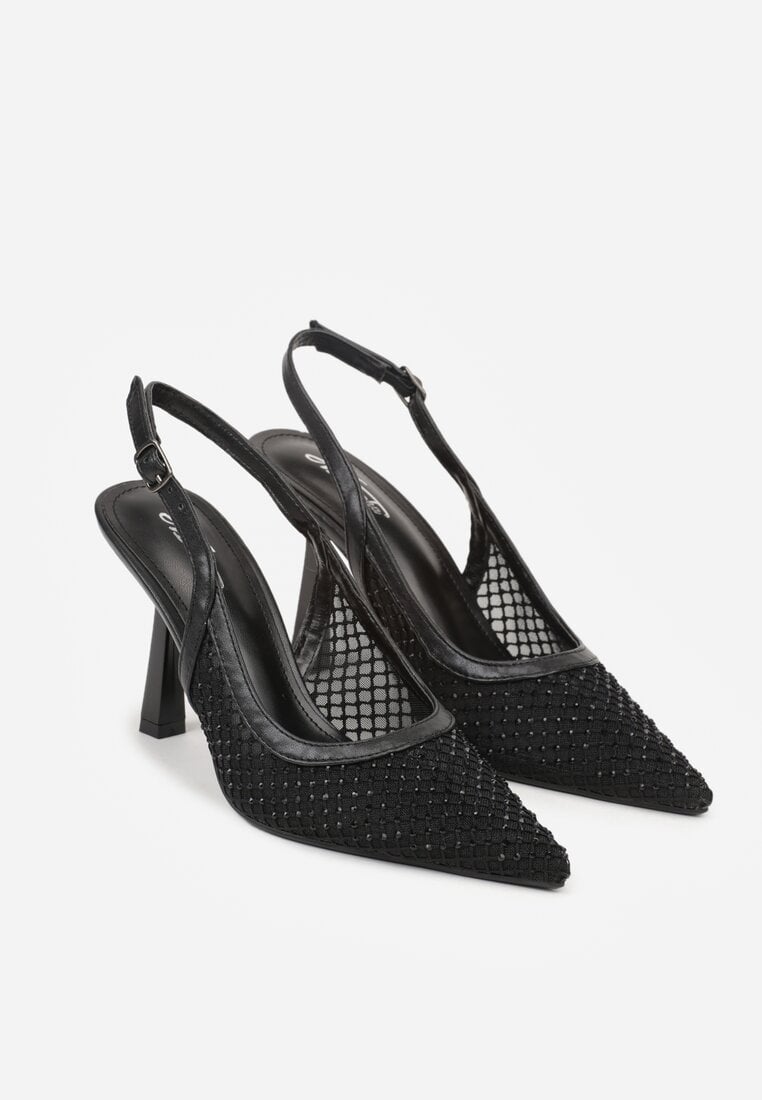 Czarne Siateczkowe Sandały na Szpilce Slingback z Cyrkoniami Nemenlaeno
