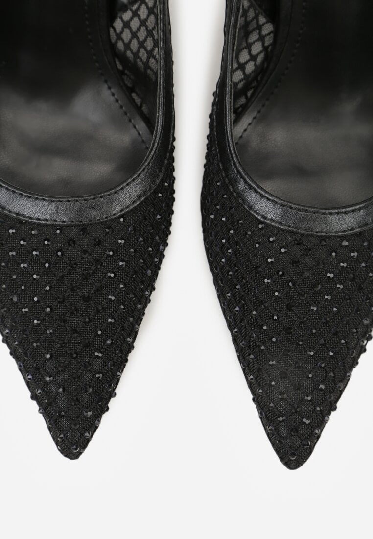 Czarne Siateczkowe Sandały na Szpilce Slingback z Cyrkoniami Nemenlaeno