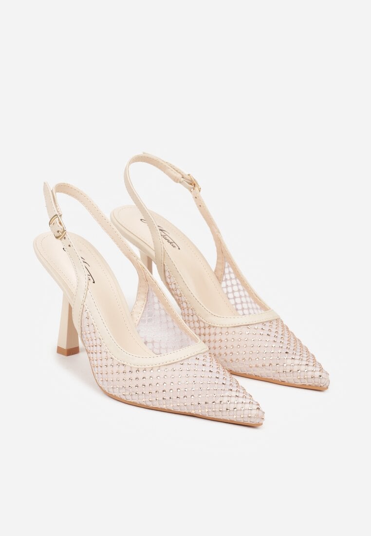 Beżowe Siateczkowe Sandały na Szpilce Slingback z Cyrkoniami Nemenlaeno