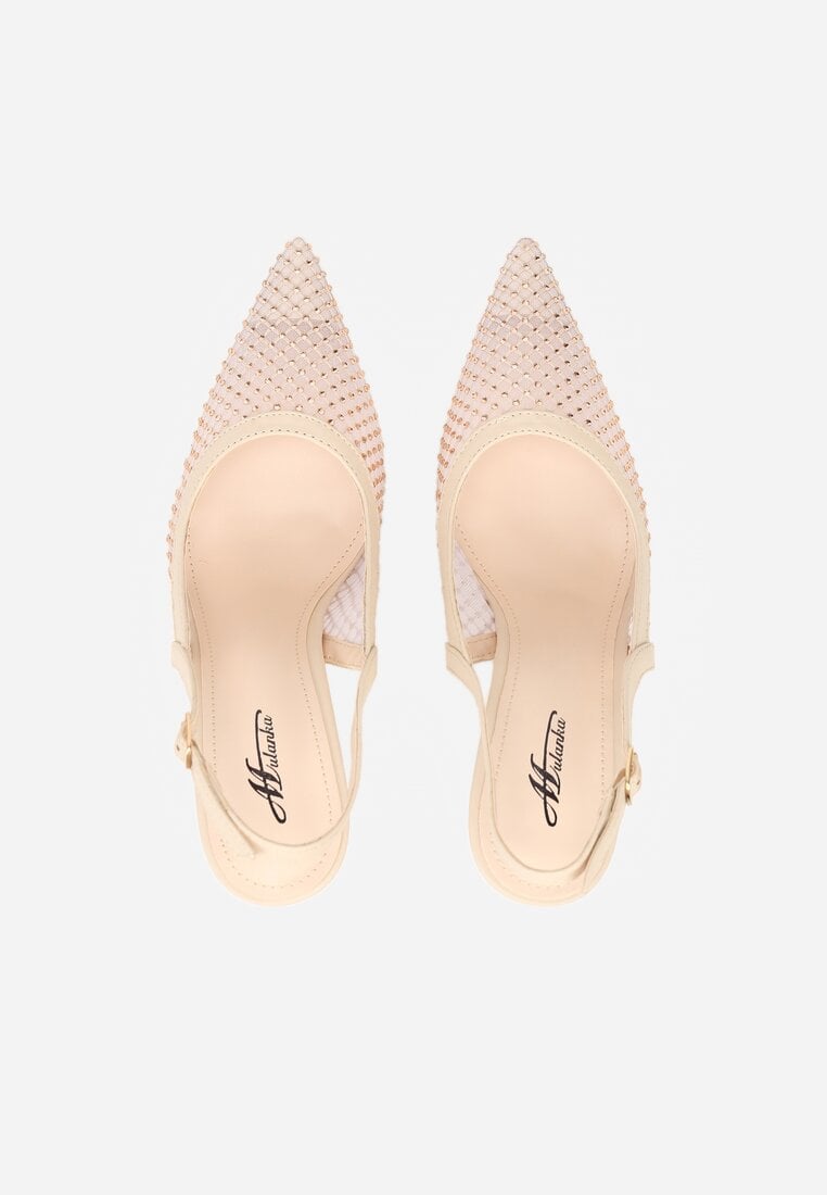 Beżowe Siateczkowe Sandały na Szpilce Slingback z Cyrkoniami Nemenlaeno