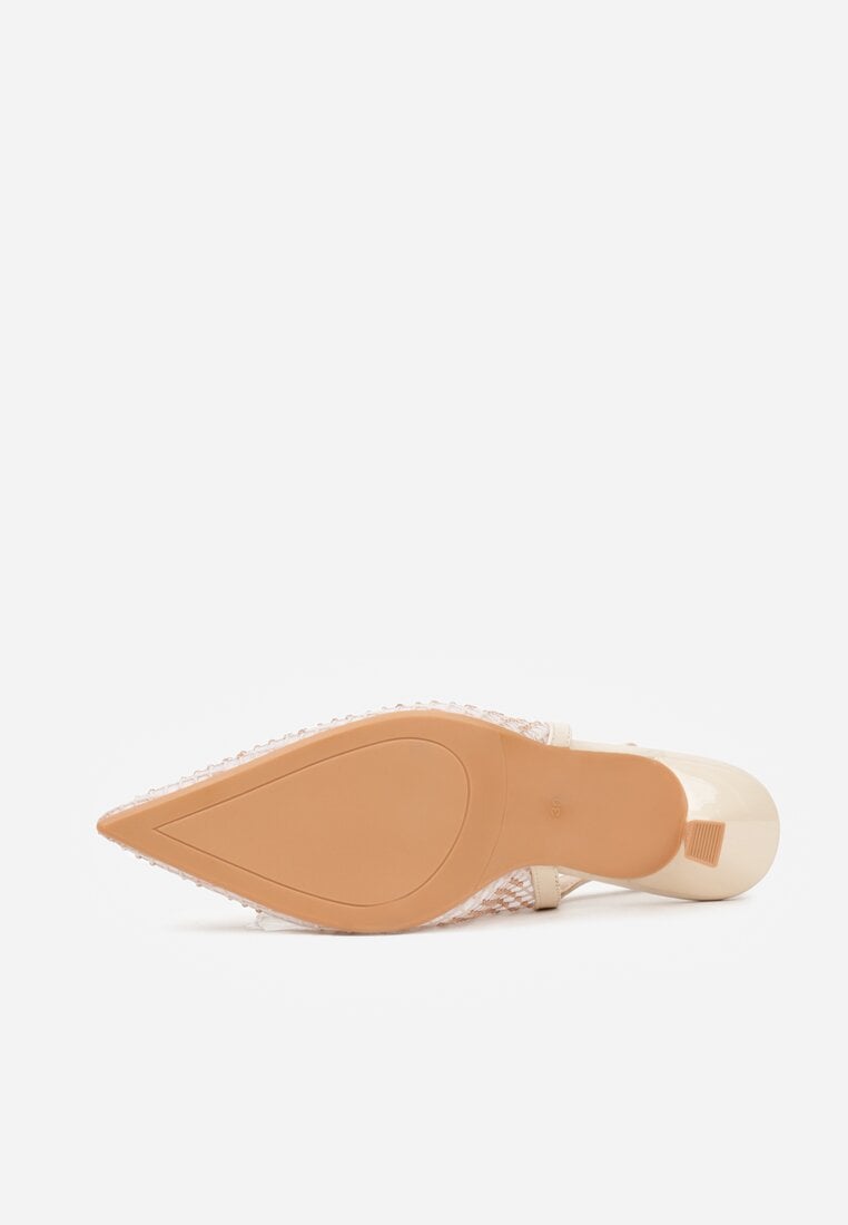 Beżowe Siateczkowe Sandały na Szpilce Slingback z Cyrkoniami Nemenlaeno