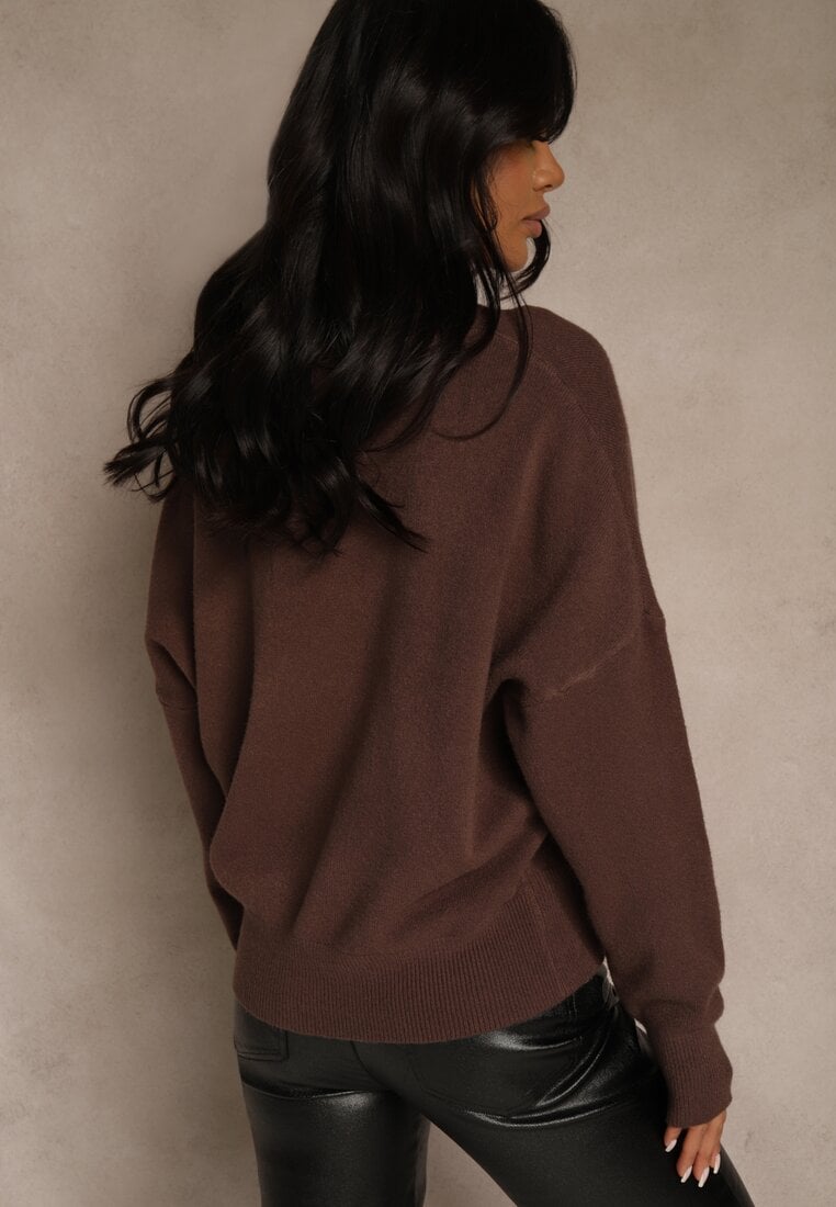 Brązowy Klasyczny Sweter z Wiskozą i Kaszmirem Marirra