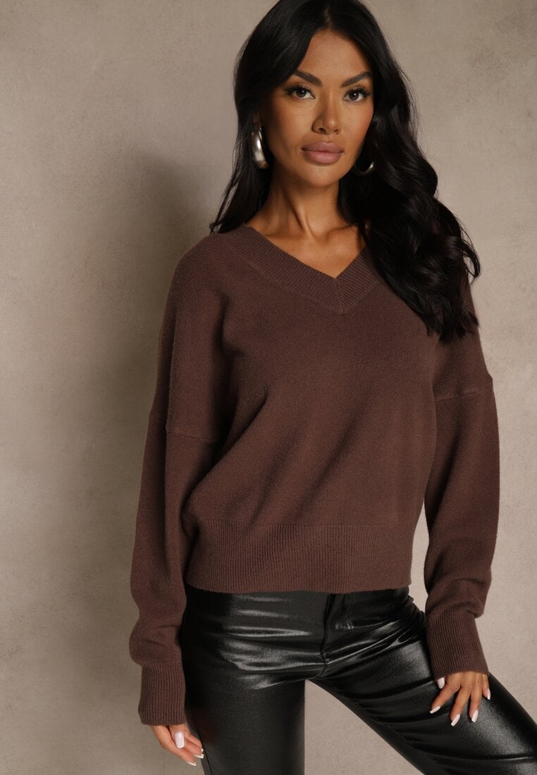 Brązowy Klasyczny Sweter z Wiskozą i Kaszmirem Marirra