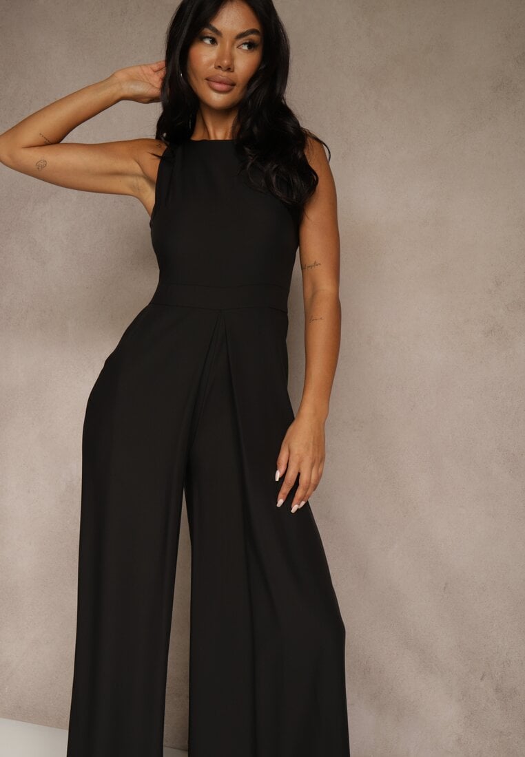 Czarny Taliowany Kombinezon Ozdobiony Zakładkami Berinola