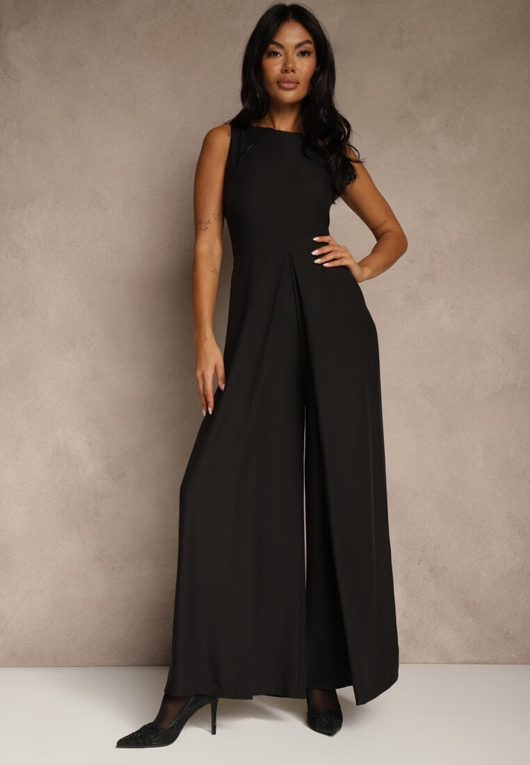 Czarny Taliowany Kombinezon Ozdobiony Zakładkami Berinola