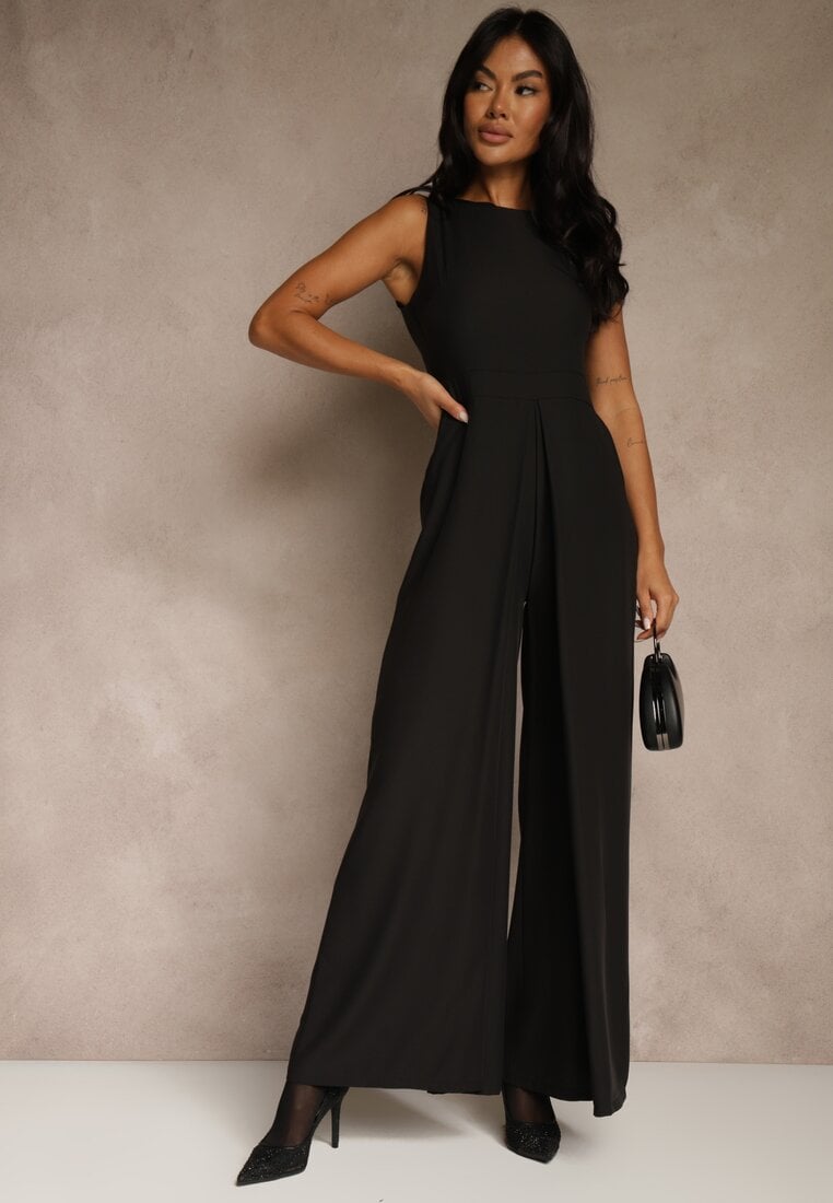 Czarny Taliowany Kombinezon Ozdobiony Zakładkami Berinola