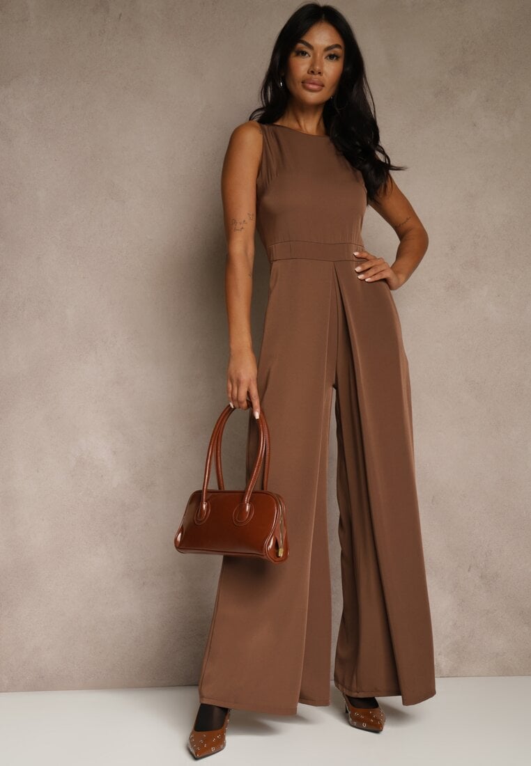 Brązowy Taliowany Kombinezon Ozdobiony Zakładkami Berinola