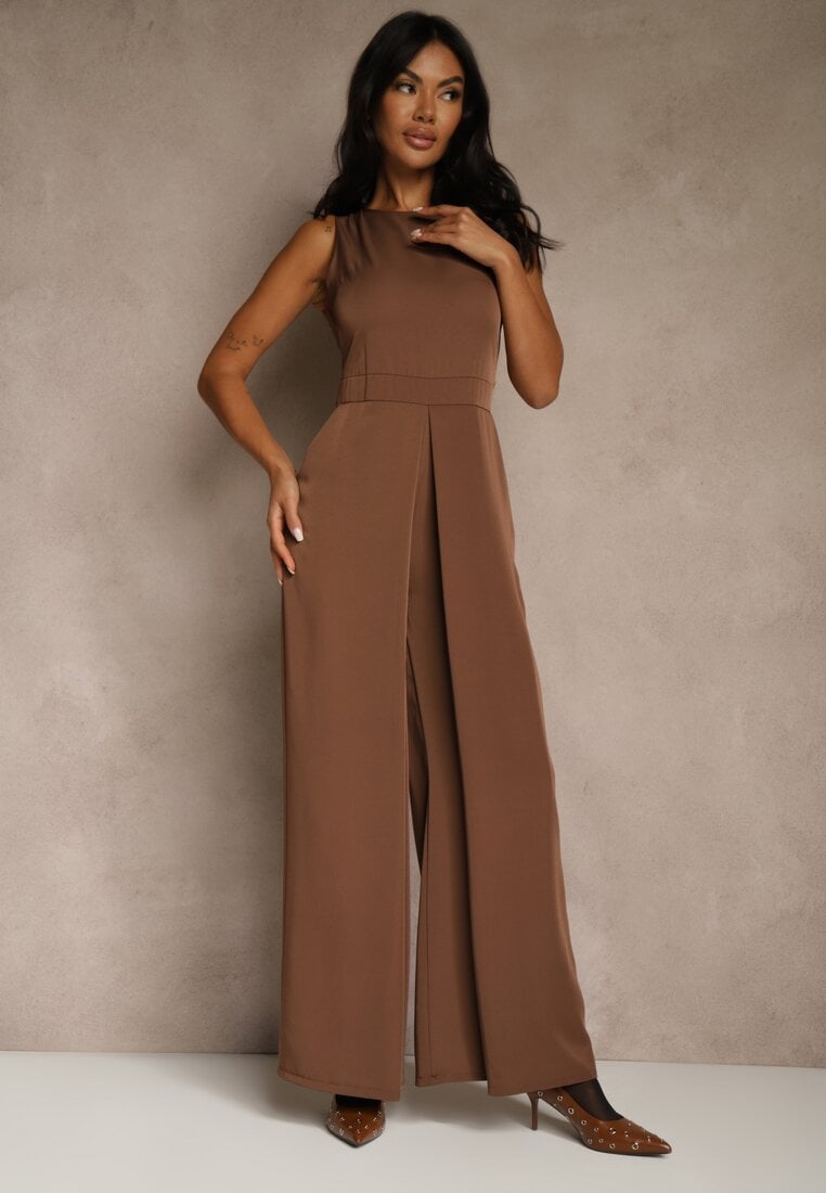 Brązowy Taliowany Kombinezon Ozdobiony Zakładkami Berinola