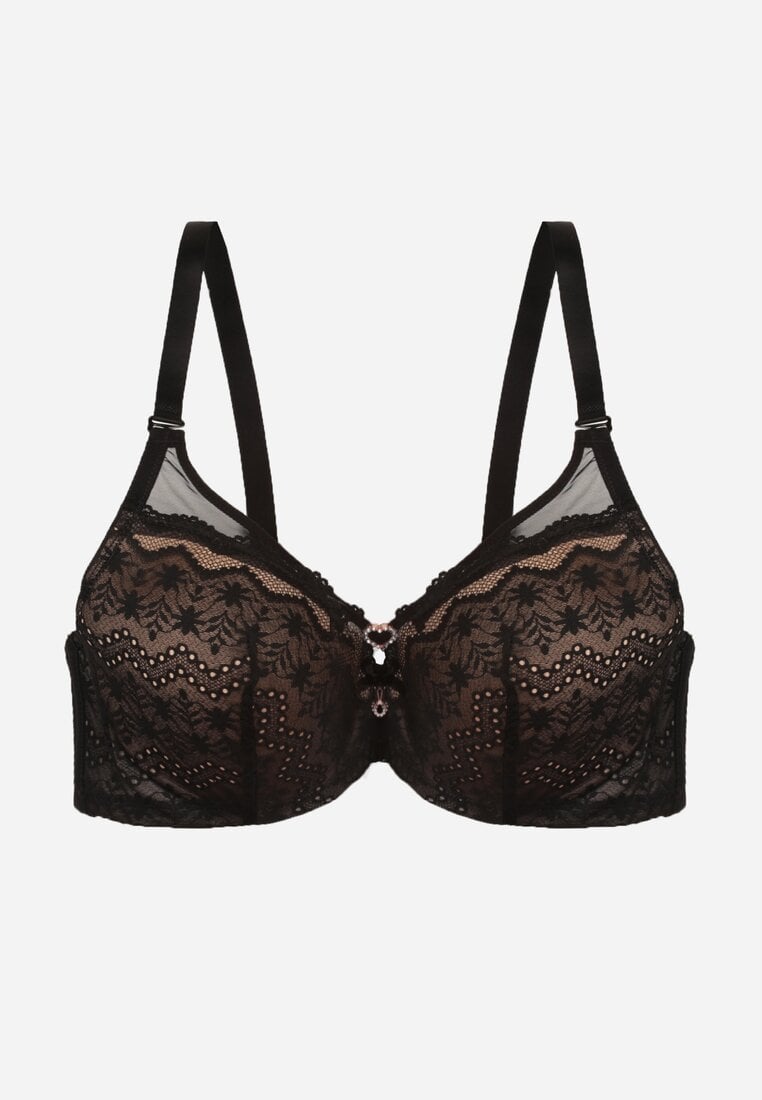 Czarno-Beżowy Biustonosz z Koronki z Sercem z Cyrkonii Adrievianna