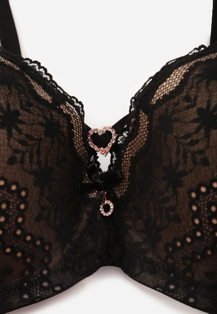 Czarno-Beżowy Biustonosz z Koronki z Sercem z Cyrkonii Adrievianna