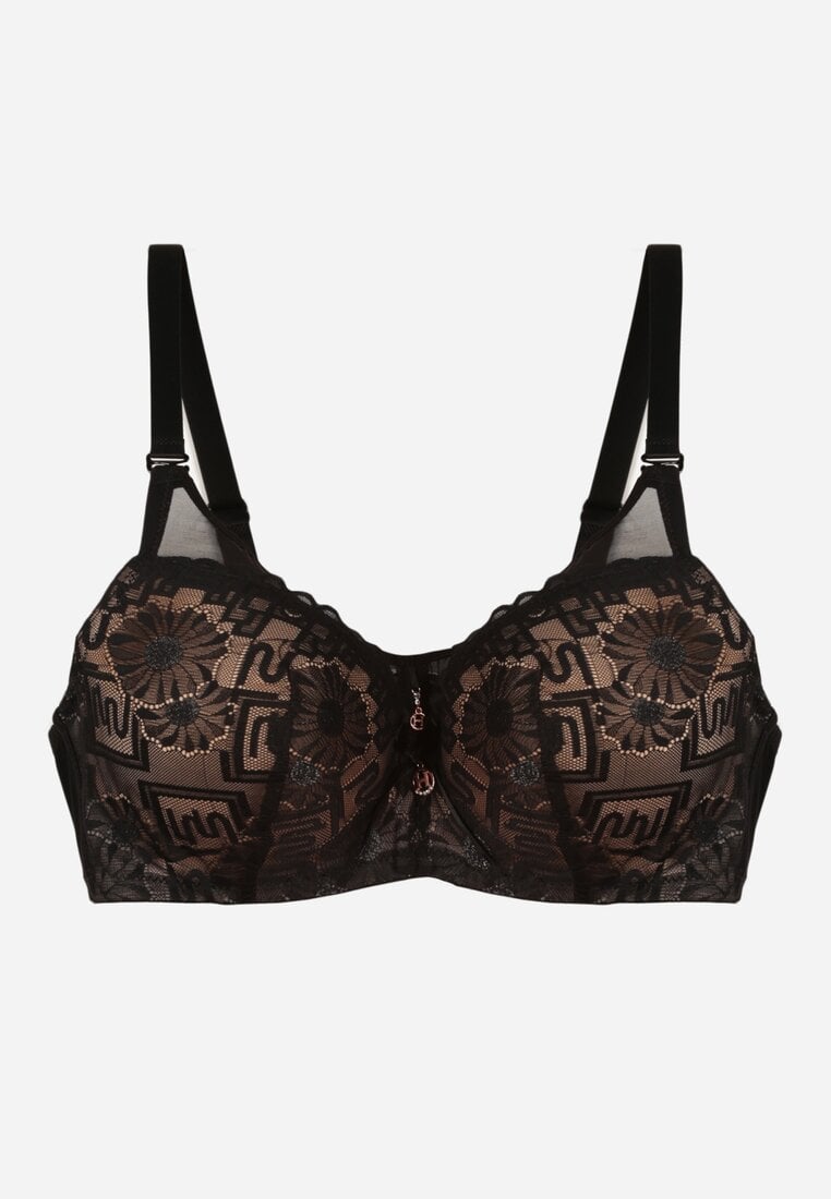 Czarno-Beżowy Koronkowy Biustonosz Ozdobiony Przezroczystą Wstawką Acalinai