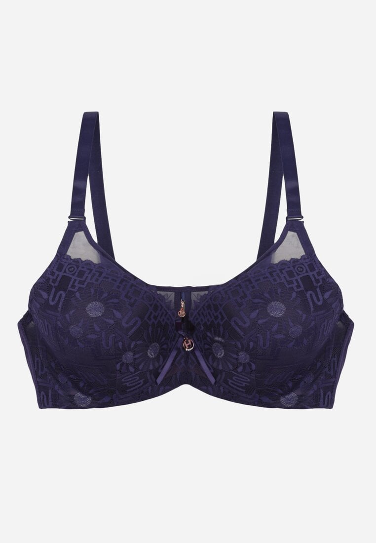 Granatowy Koronkowy Biustonosz Ozdobiony Przezroczystą Wstawką Acalinai