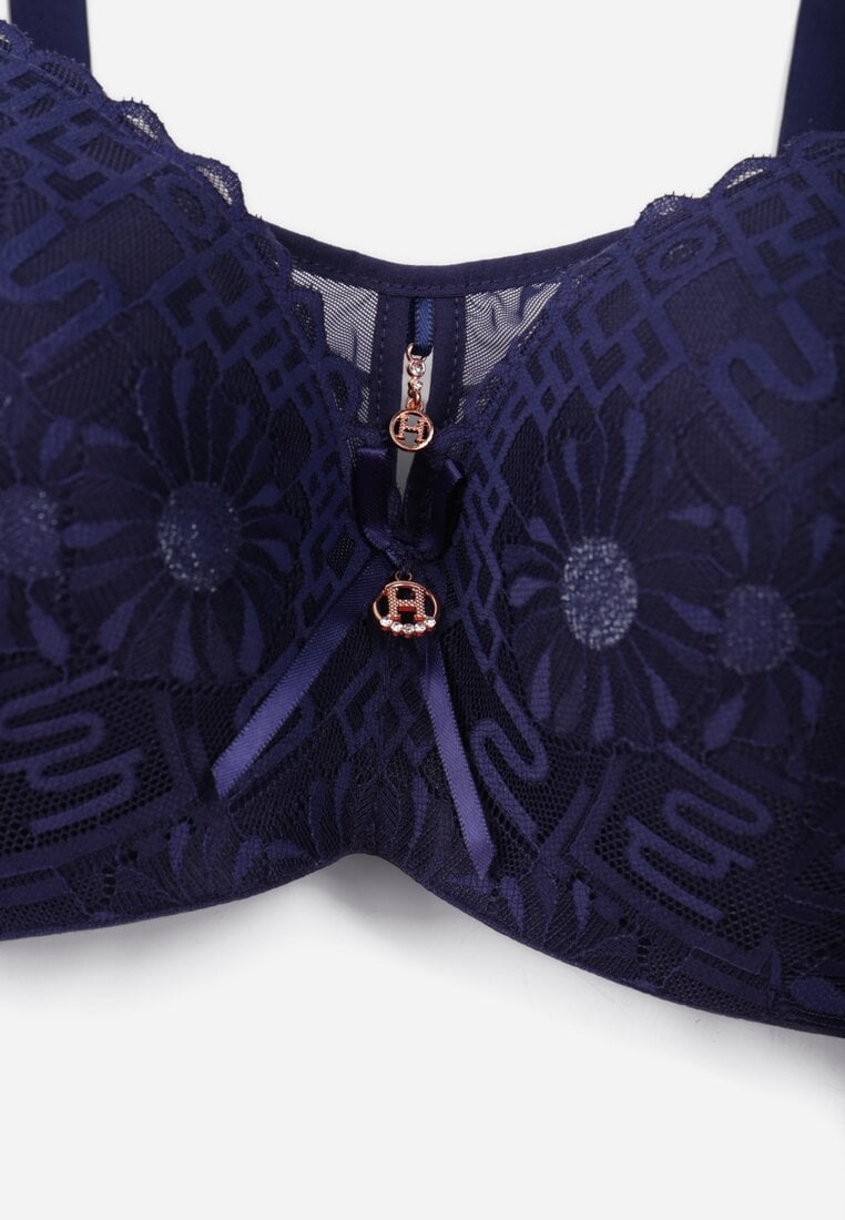 Granatowy Koronkowy Biustonosz Ozdobiony Przezroczystą Wstawką Acalinai