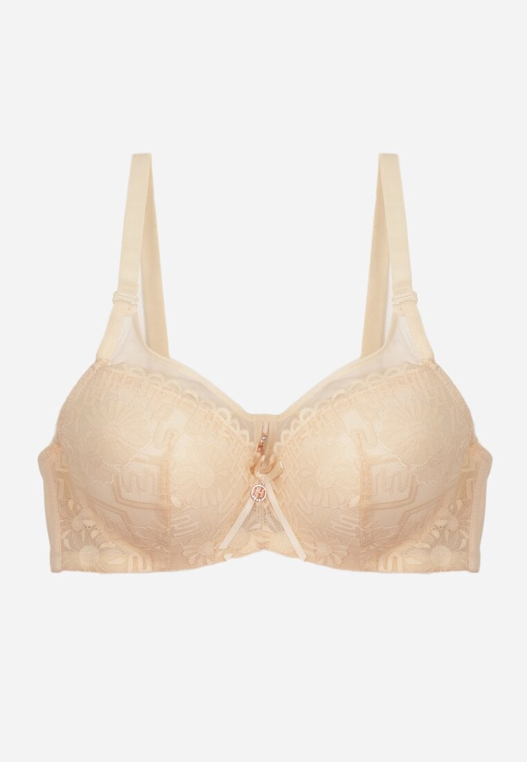 Jasnobeżowy Koronkowy Biustonosz Ozdobiony Przezroczystą Wstawką Acalinai